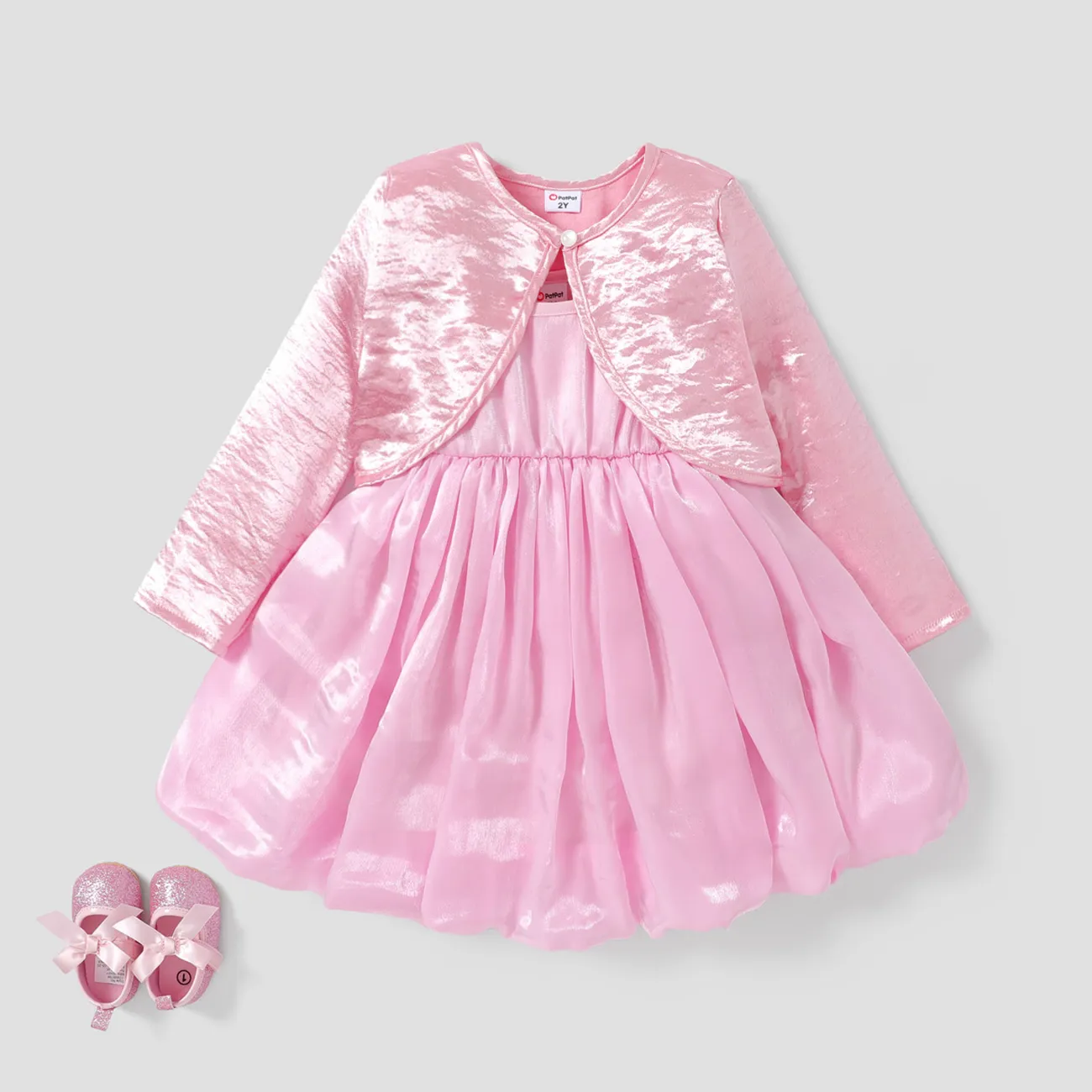 2PCS Toddler Girl Sweet Solid Color Long Sleeve Jacket /Camisole Dress Set   big image 1