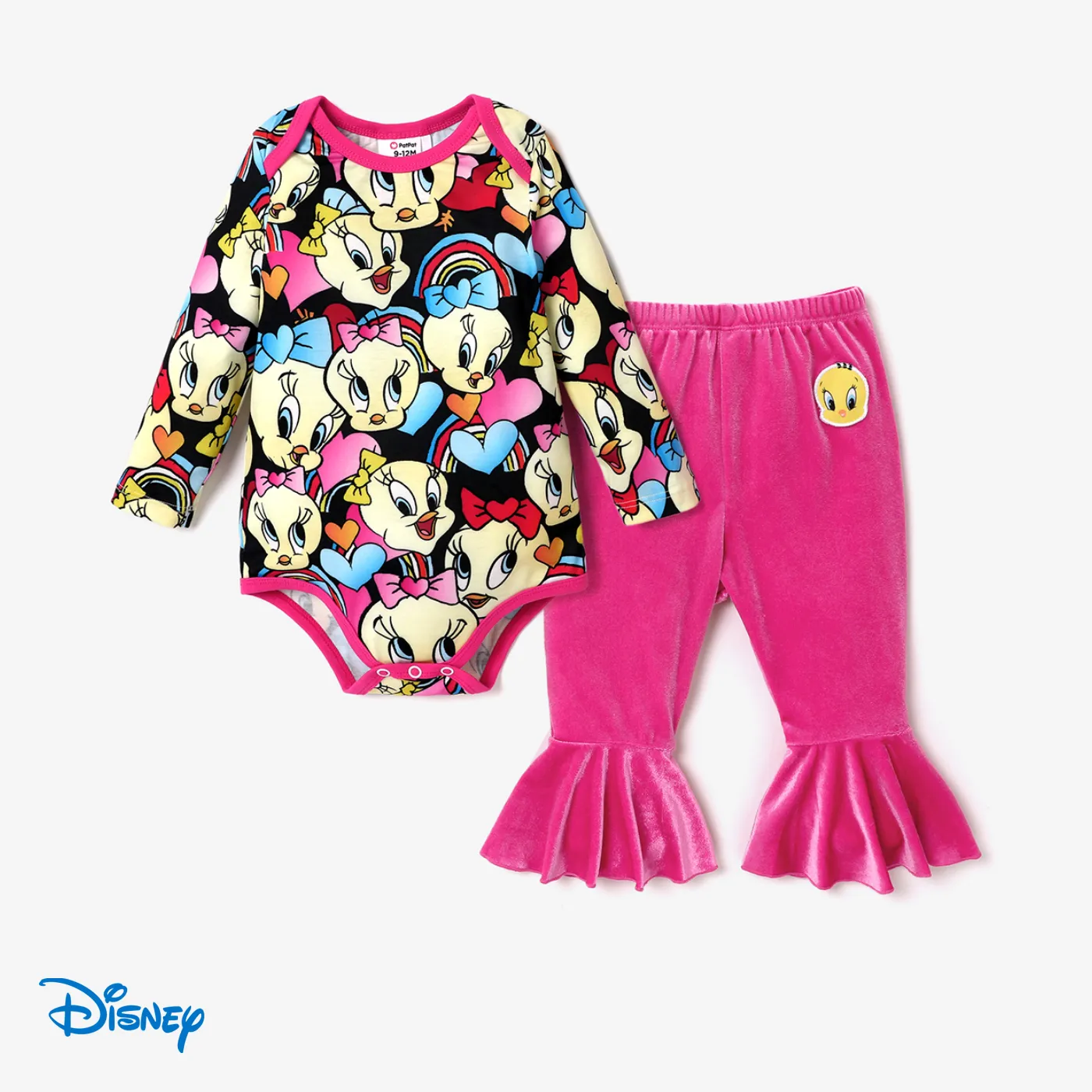Looney Tunes Baby Girl Character Graphic Print Long-sleeve Bodysuit and Velvet Flared Pants Set Hot Pink big image 1