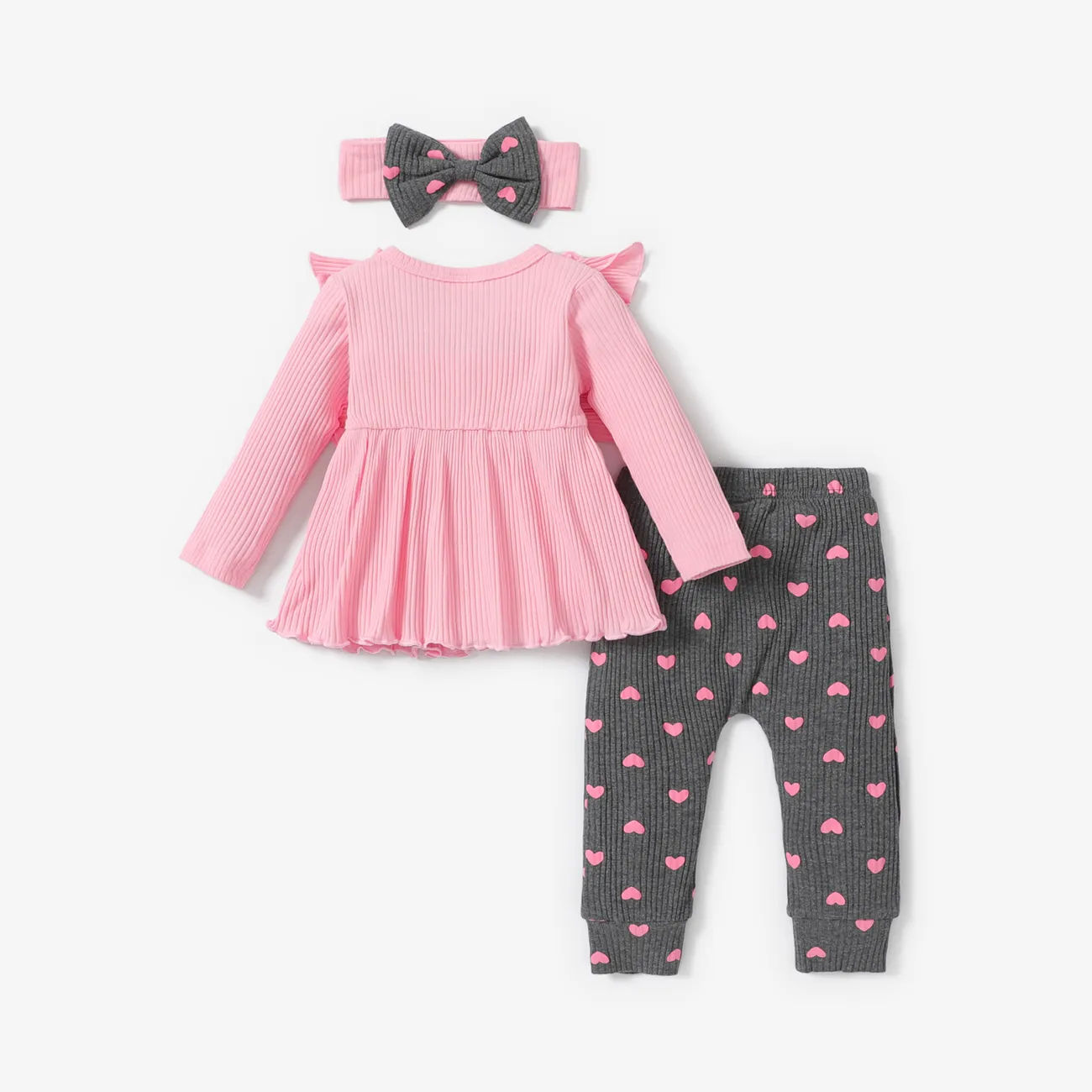 3pcs Baby Girl 95% Cotton Rib Knit Ruffle Trim Bow Front Long-sleeve Top and Allover Heart Print Leggings with Headband Set Pink big image 1