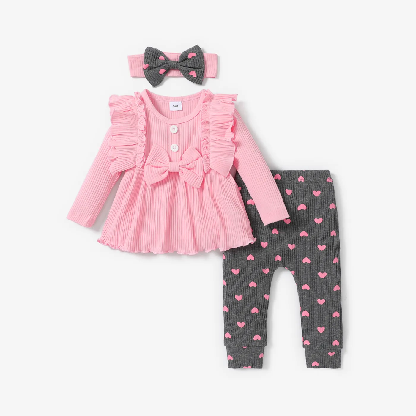 3pcs Baby Girl 95% Cotton Rib Knit Ruffle Trim Bow Front Long-sleeve Top and Allover Heart Print Leg