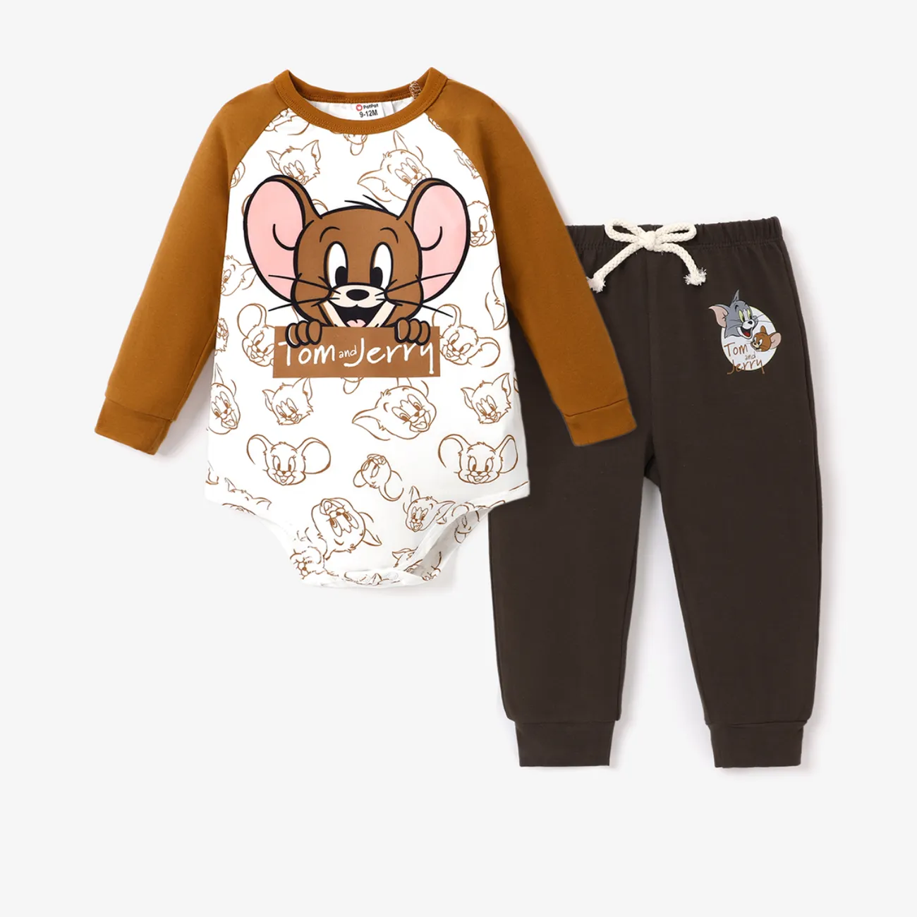 Tom and Jerry baby boy character graphic A romper or a pair of pants to wear with Brown big image 1