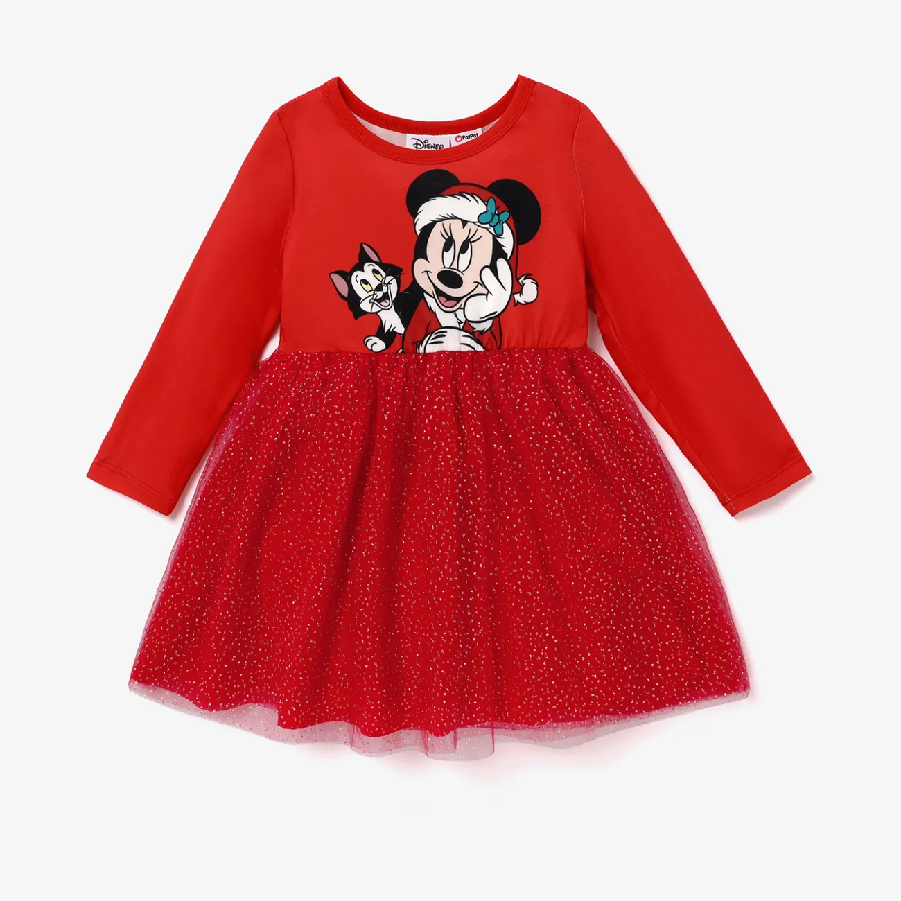 Disney Mickey and Friends Christmas Toddler Girl Naia™ Character Print Long-sleeve Mesh Overlay Dress Red big image 1