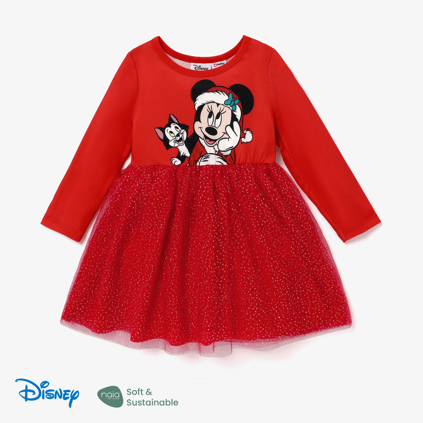 Disney Mickey And Friends Christmas Toddler Girl Naiaâ¢ Character Print Long-sleeve Mesh Overlay Dress
