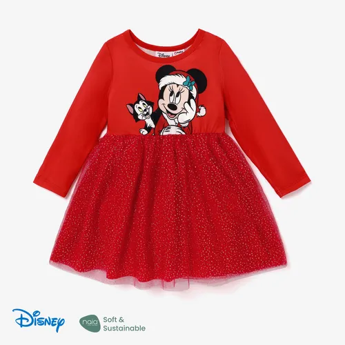 Disney Mickey and Friends Christmas Toddler Girl Naia™ Character Print Long-sleeve Mesh Overlay Dress