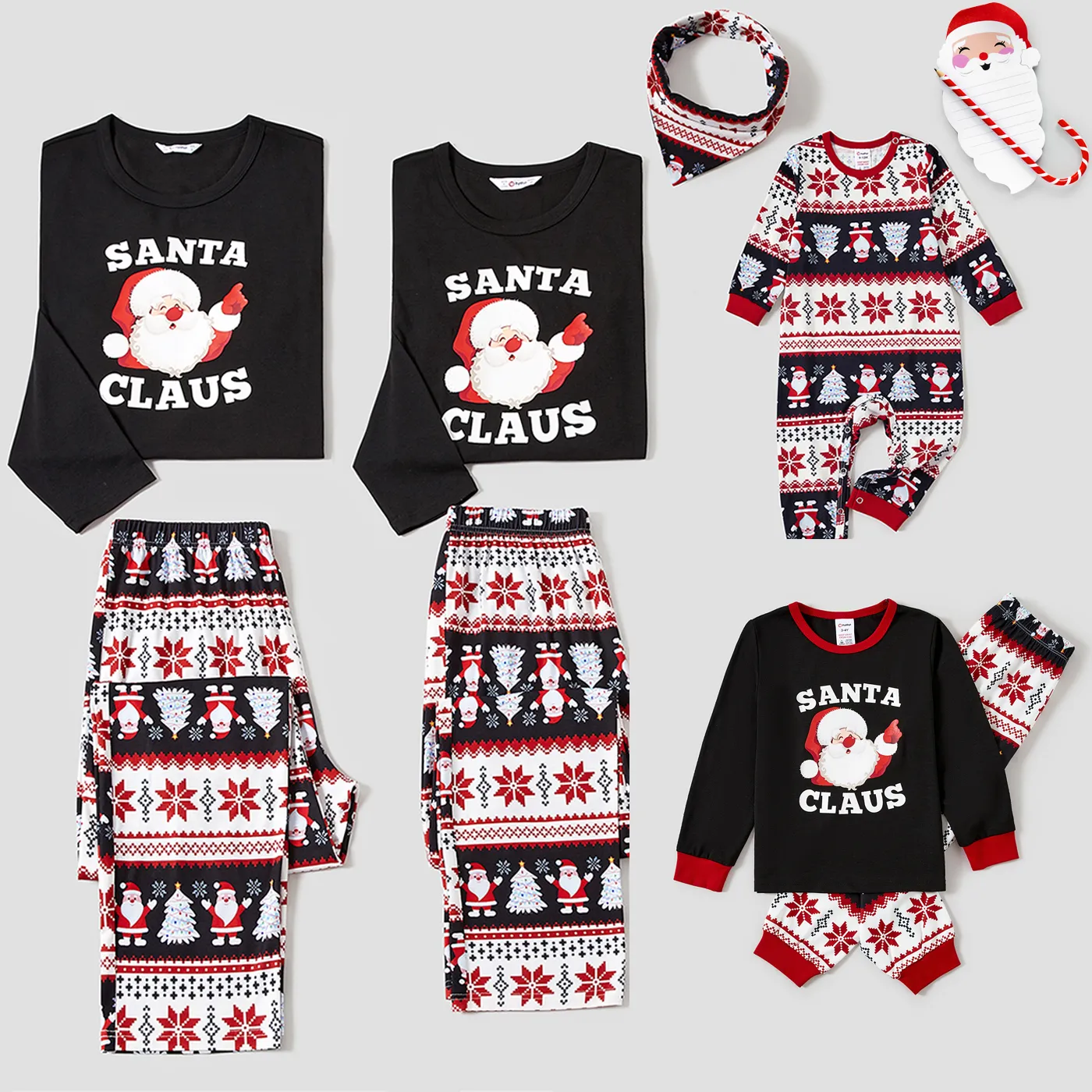 Christmas Family Matching Santas & Snowflake Print Pajamas Sets(Flame Resistant)  Black big image 1