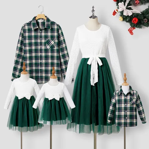 Family Matching Long-sleeve Mesh Splice Belted Dresses and Plaid Shirts Sets