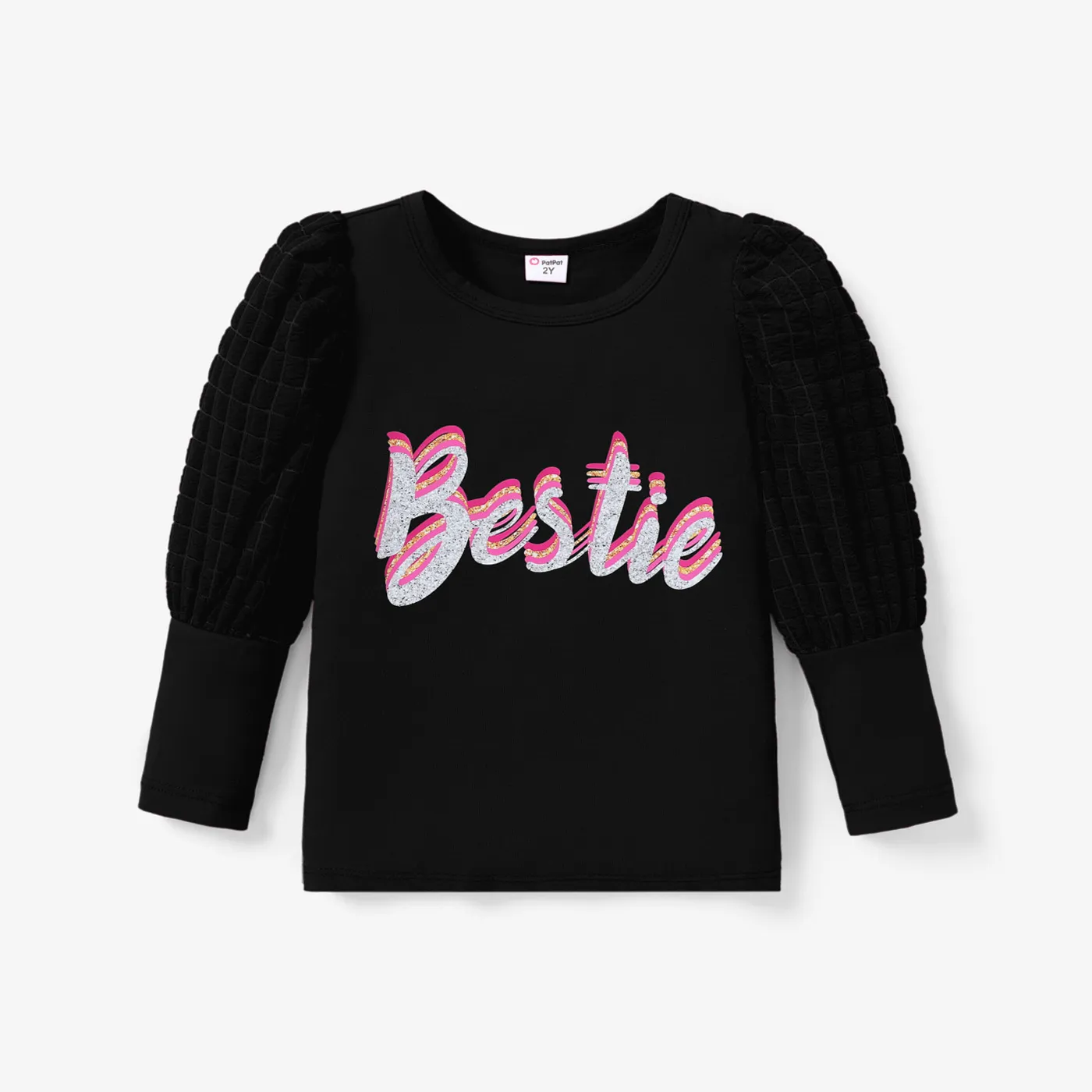 Toddler Girl  Avant-garde Letter Textured Long Puff-sleeve Tee