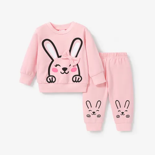 2pcs Baby Girl Rabbit Graphic Pullover Sweatshirt and Pants Set