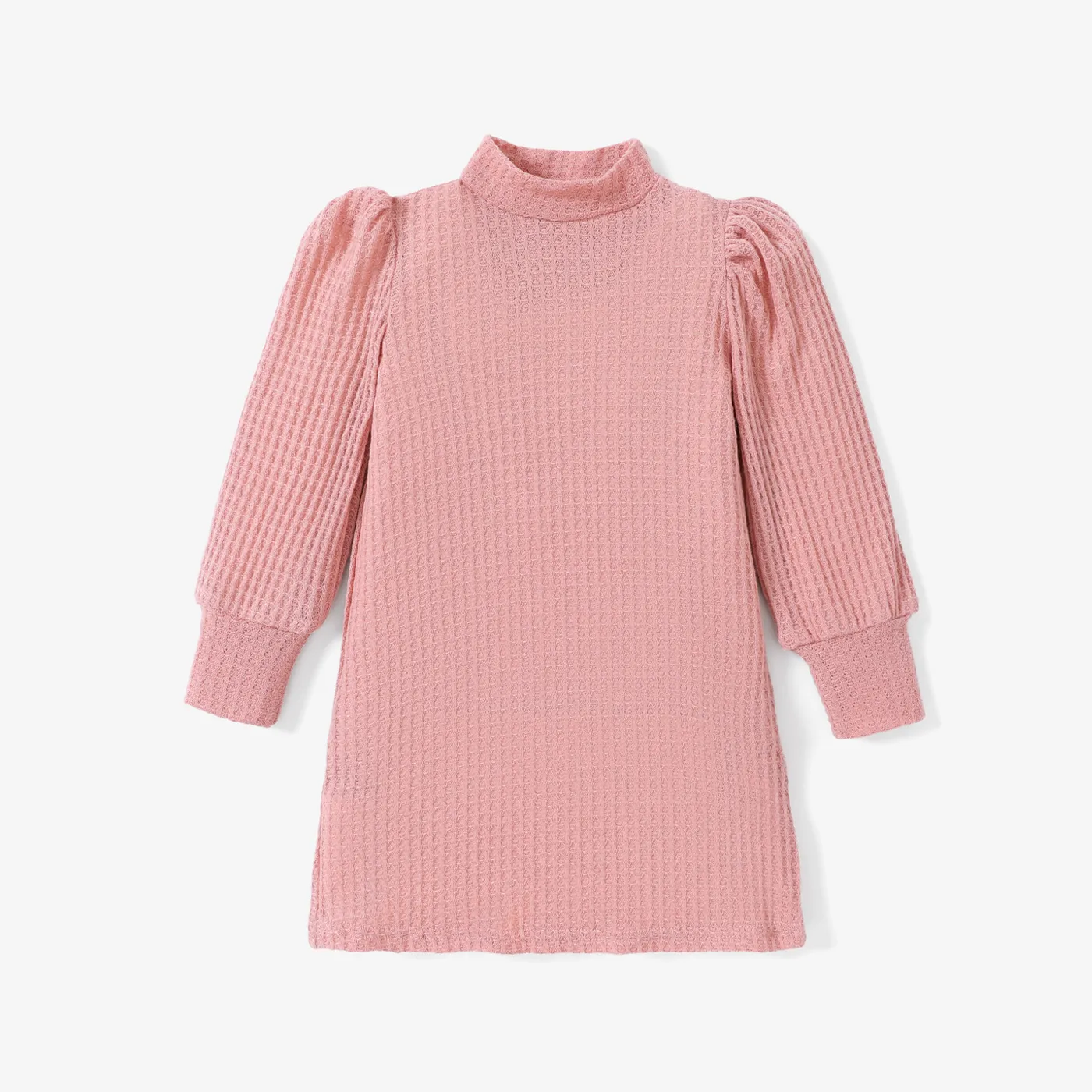 Toddler Girl Solid Color Mock Neck Waffle Long Puff-sleeve Dress