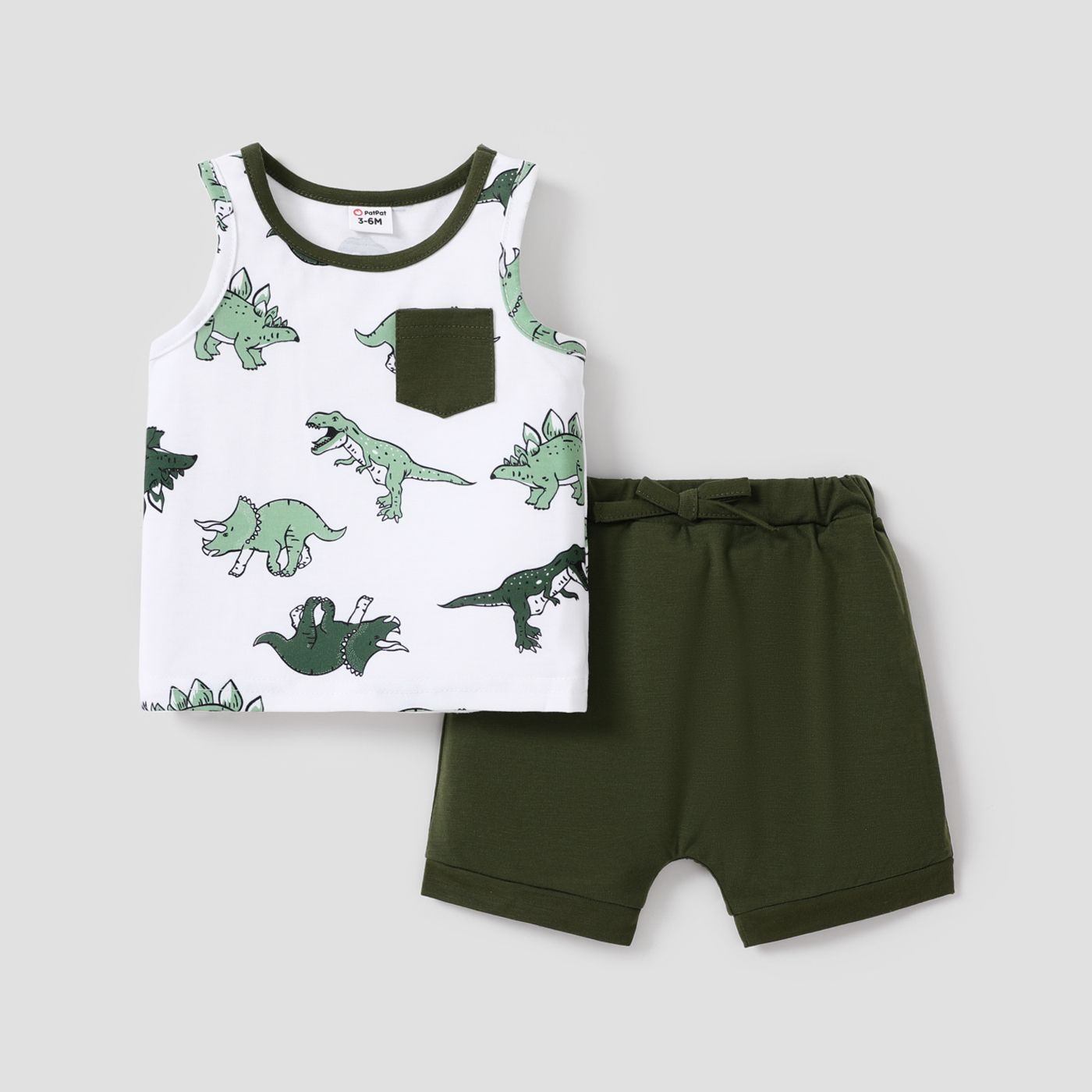 2pcs Baby Boy Allover Dinosaur Print Sleeveless Tank Top And Solid Shorts Set