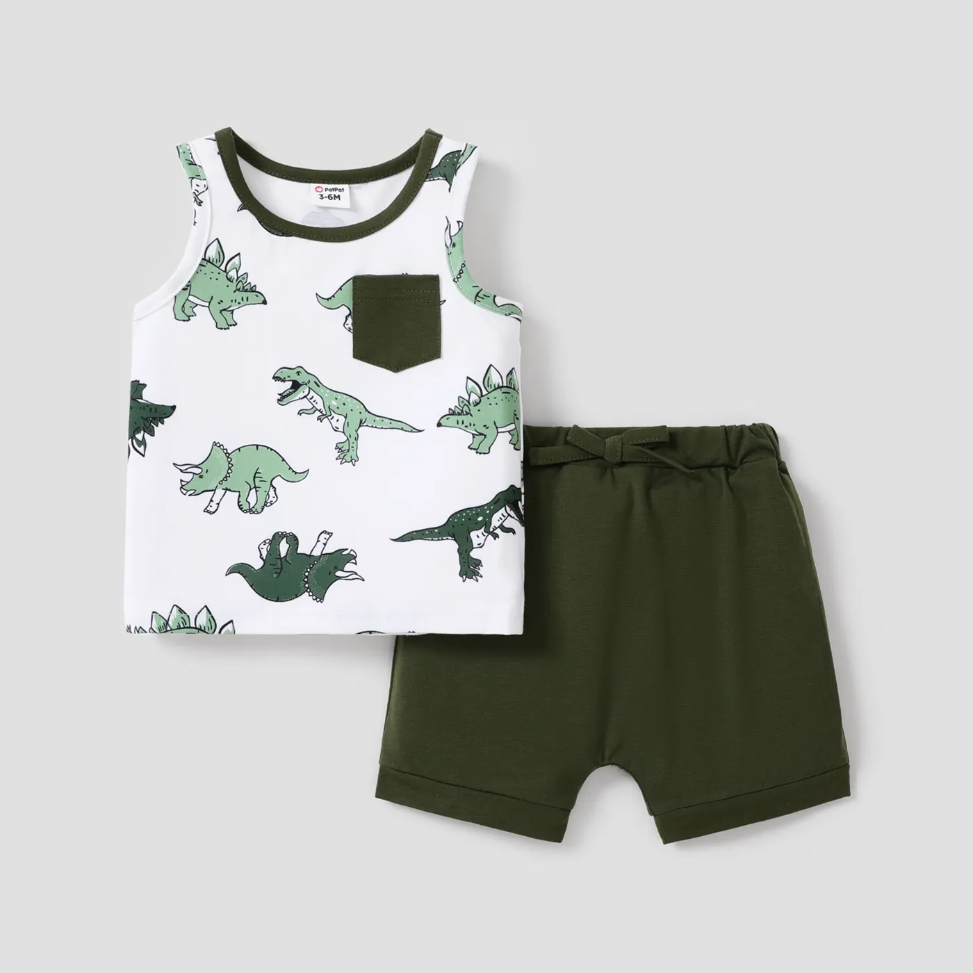 2pcs Baby Boy Allover Dinosaur Print Sleeveless Tank Top and Solid Shorts Set DarkGreen big image 1