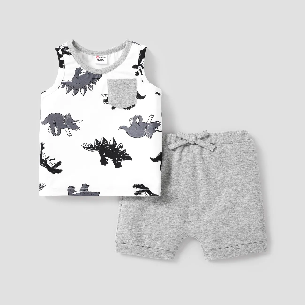 2pcs Baby Boy Allover Dinosaur Print Sleeveless Tank Top and Solid Shorts Set Black big image 1