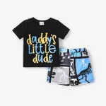 2pcs Baby Boy Cotton Short-sleeve Letter Graphic Tee and Dinosaur Print Shorts Set Black