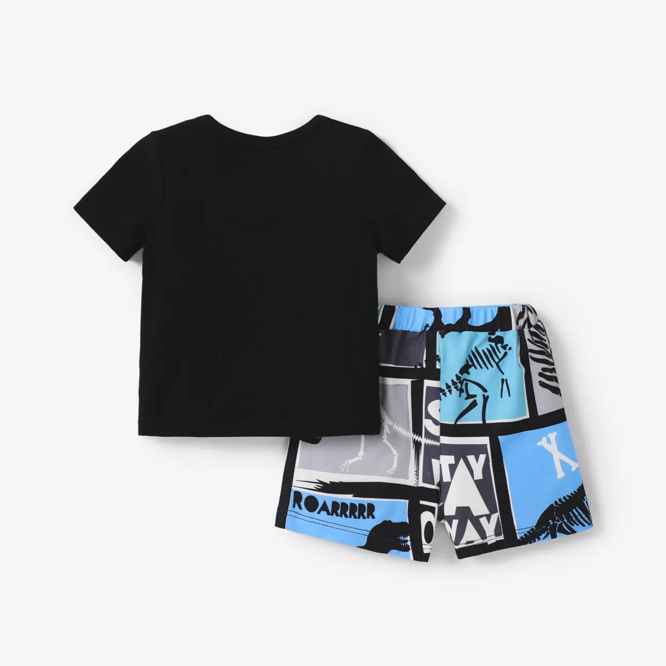 2pcs Baby Boy Cotton Short-sleeve Letter Graphic Tee and Dinosaur Print Shorts Set Black big image 1