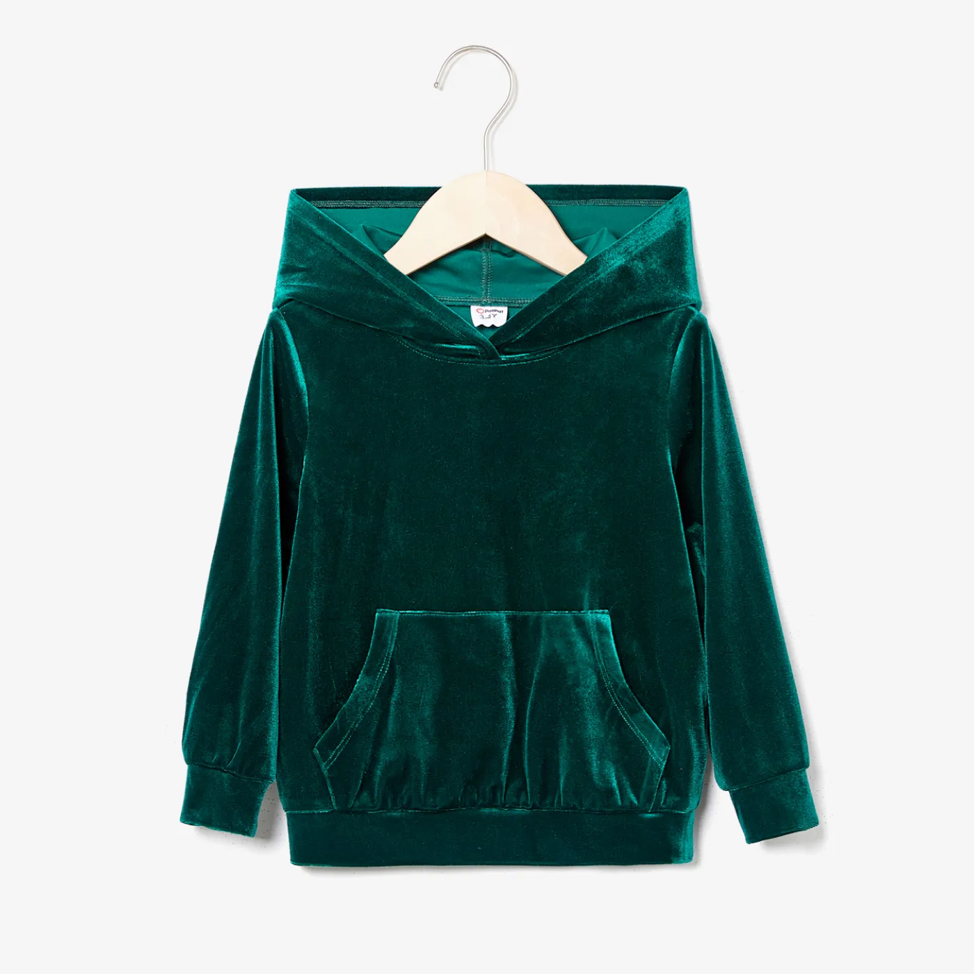 Mommy and Me Casual Solid Color Large Pocket Design Long Sleeve Hooded Velvet Tops and Shorts/Pants Sets Green image 3