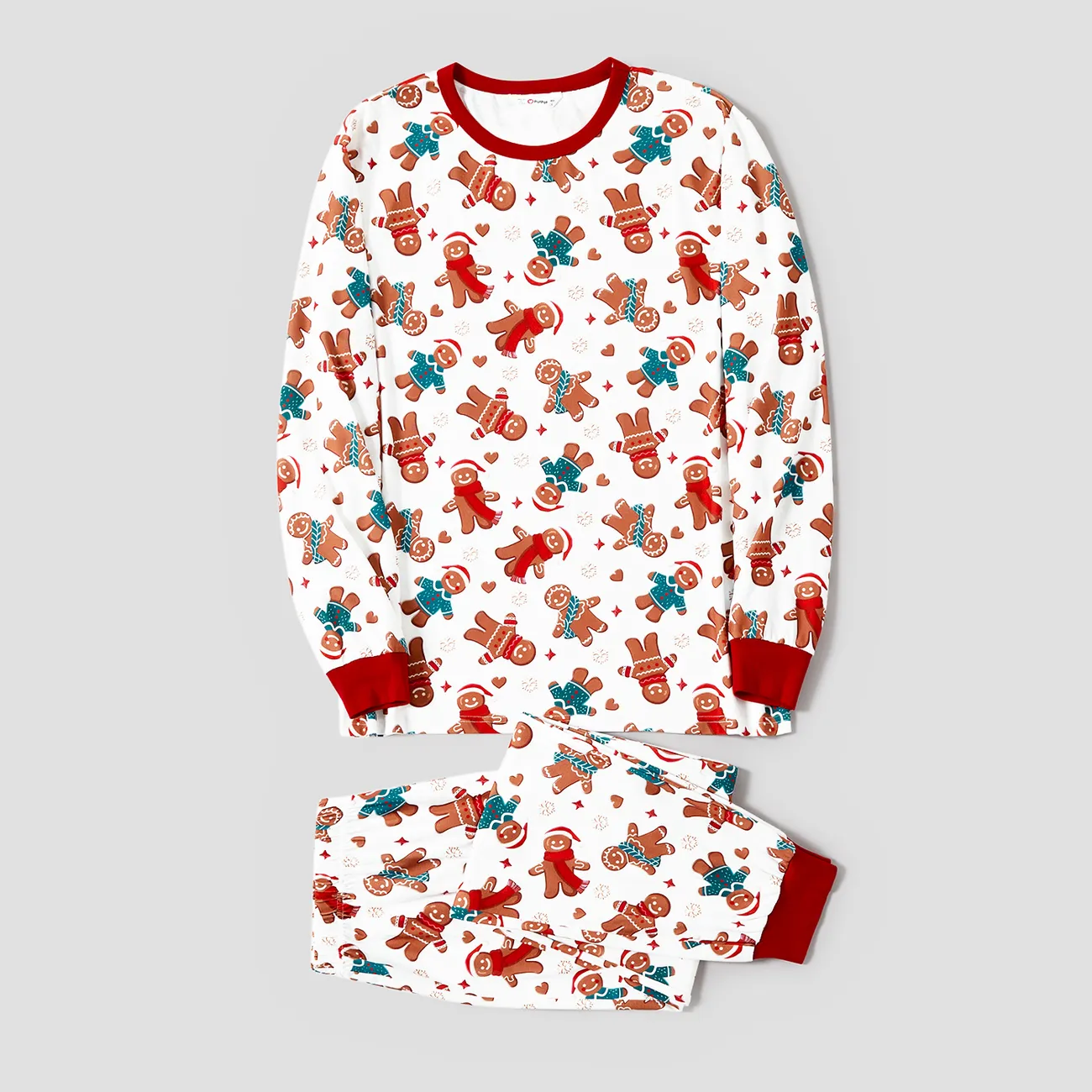Christmas Family Matching Cartoon Gingerbread Man Allover Print  Pajamas Sets (Flame Resistant) White big image 1