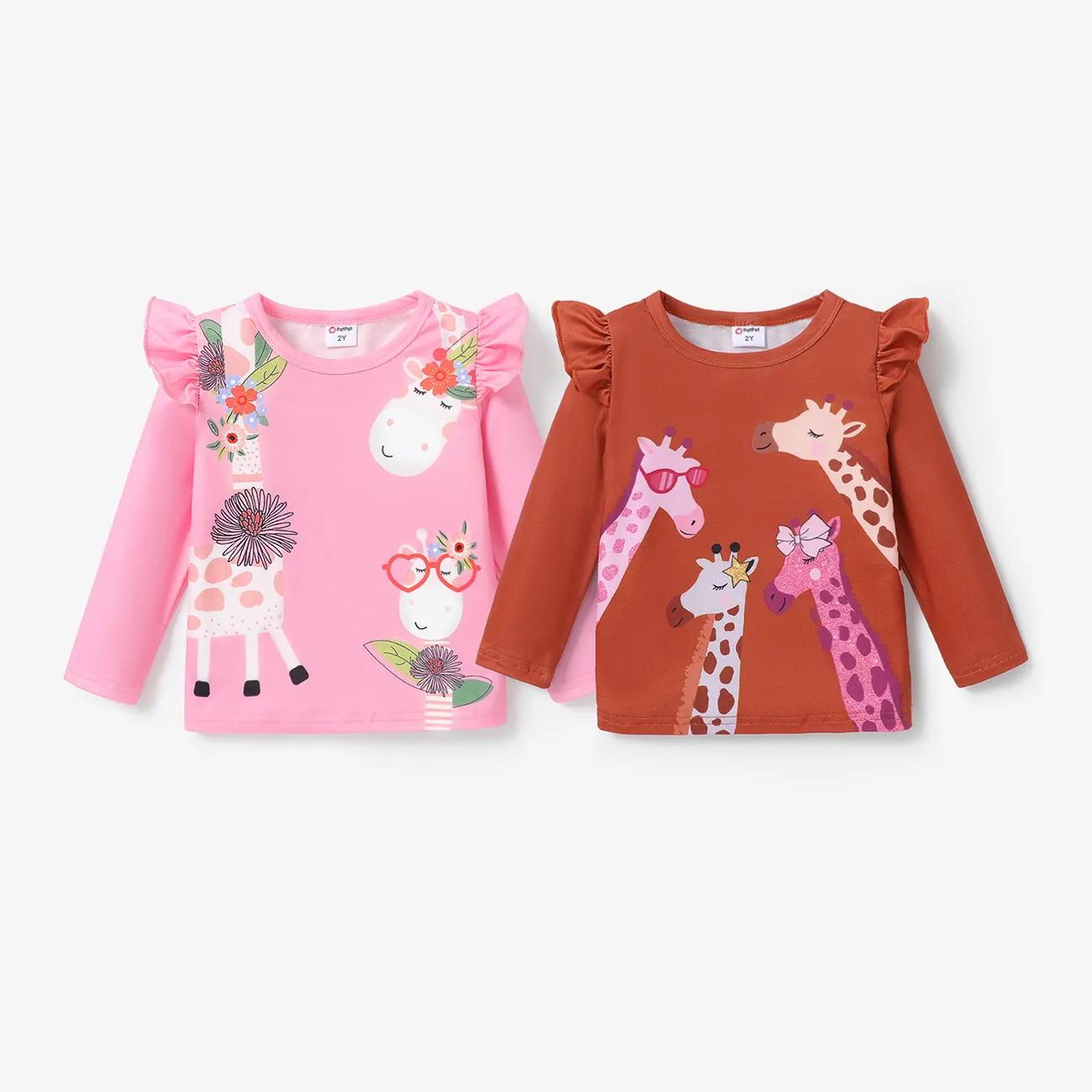 Criança Menina Mangas franzidas Infantil Girafa Manga comprida T-shirts Rosa big image 1