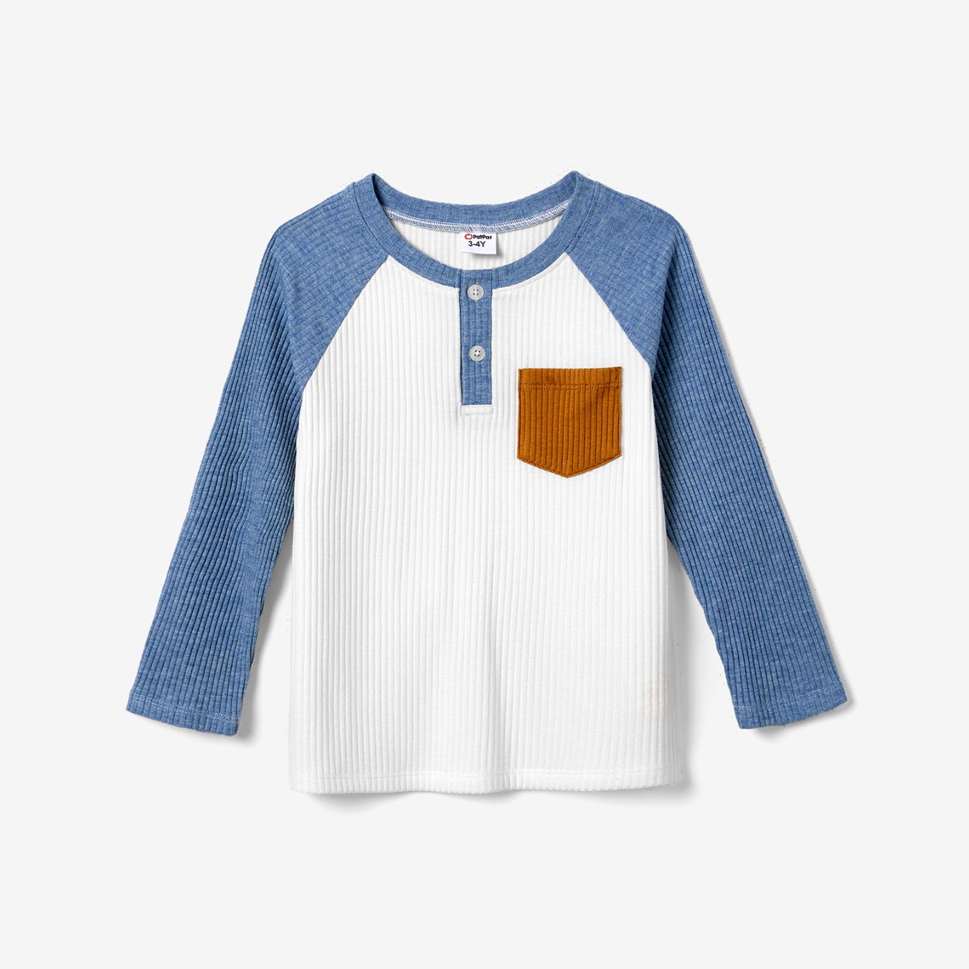 Family Matching Long-sleeve Buttons Front Patch Pocket Color-block T-shirts And Solid Blue Dresses Sets