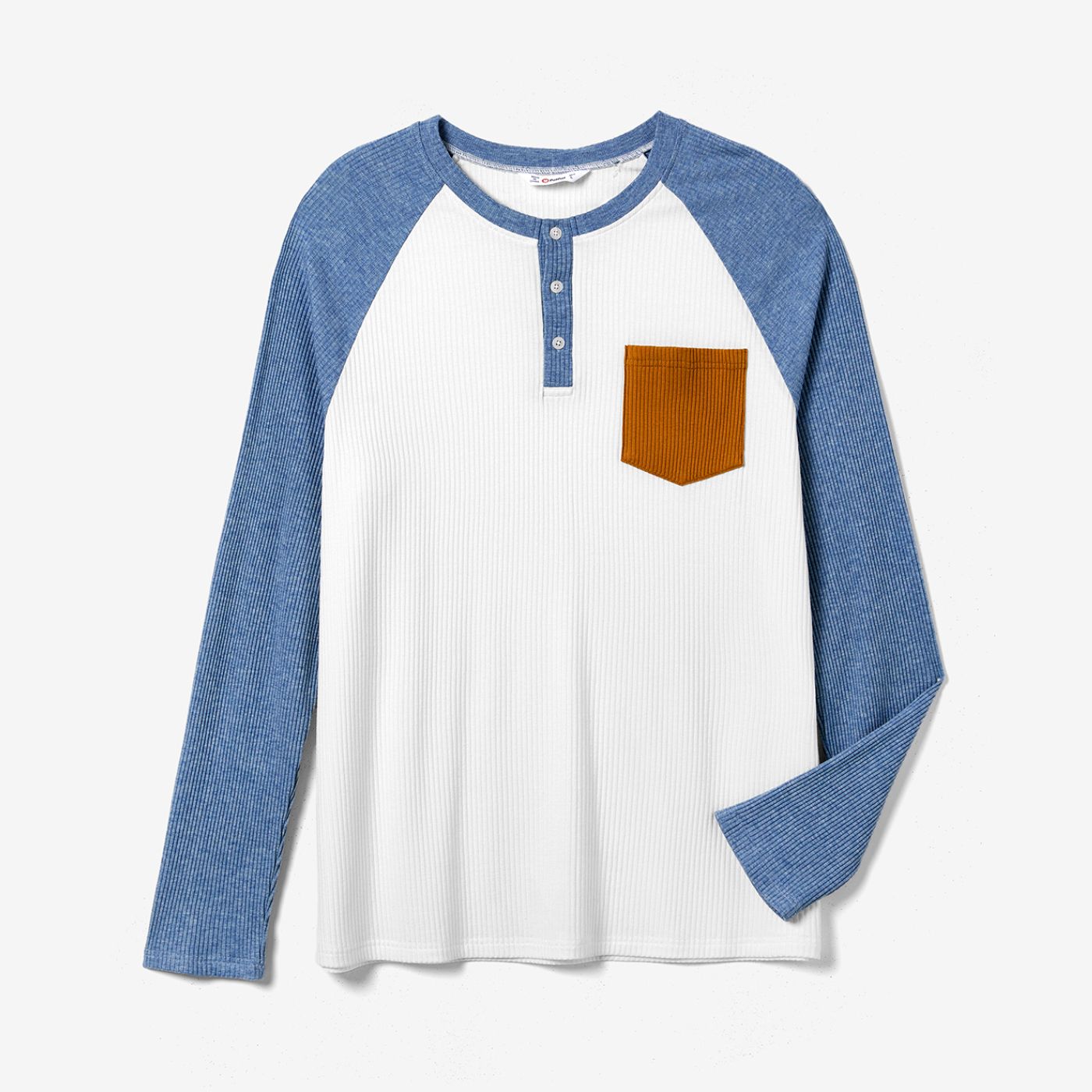 Family Matching Long-sleeve Buttons Front Patch Pocket Color-block T-shirts And Solid Blue Dresses Sets