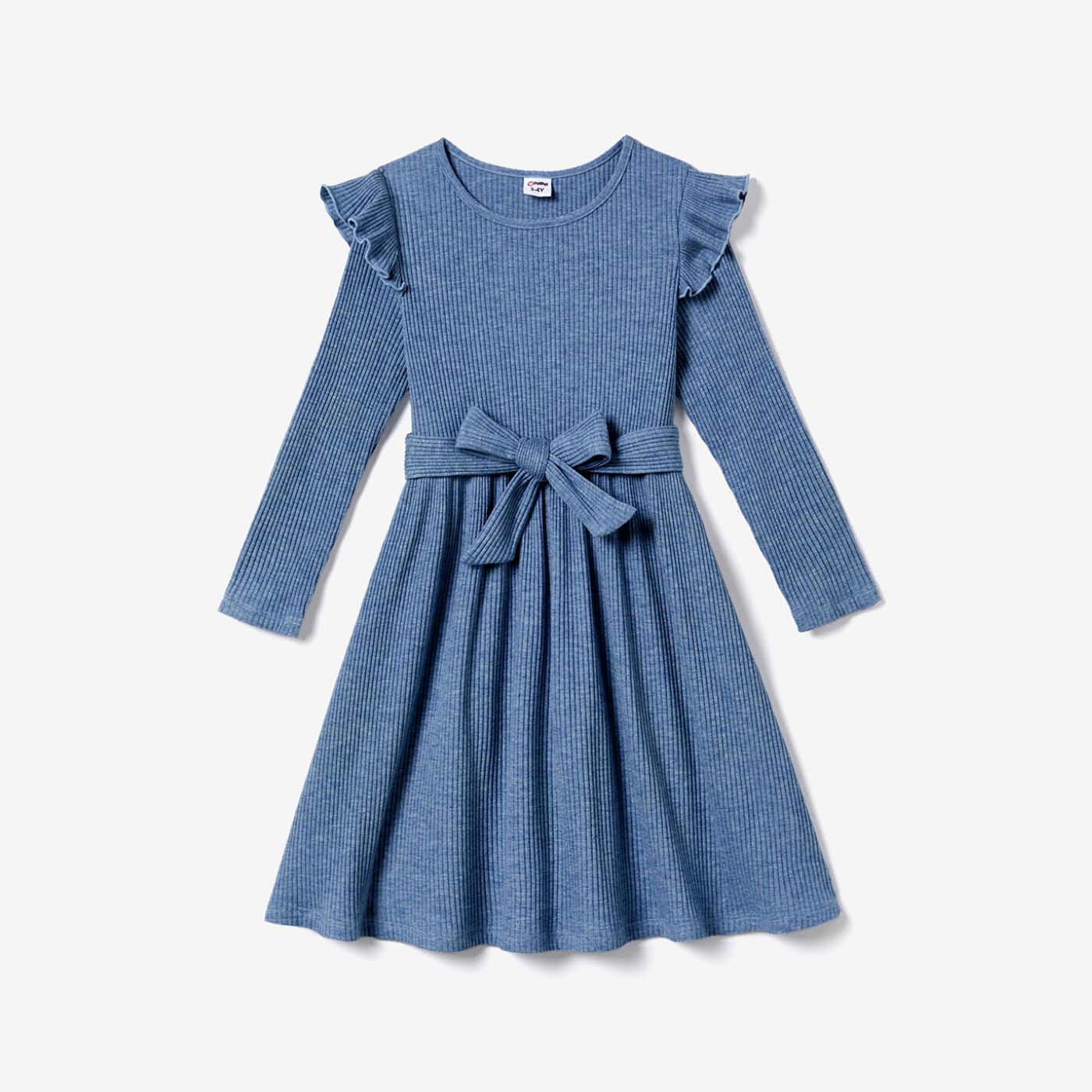 Family Matching Long-sleeve Buttons Front Patch Pocket Color-block T-shirts And Solid Blue Dresses Sets