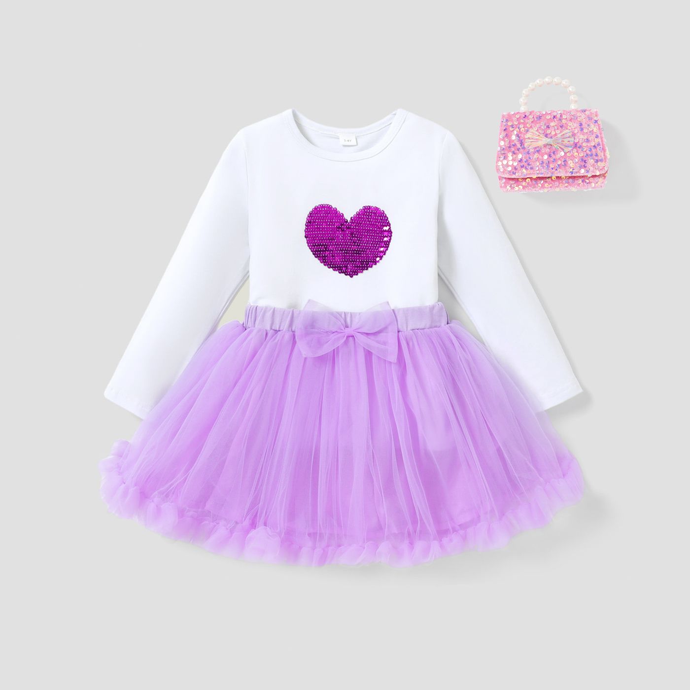2PCS Toddler Girl Heart-shaped Long Sleeve Top/ Mesh Skirt Set