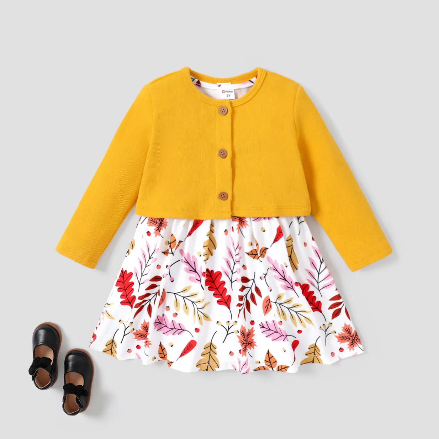  2PCS Toddler Girl Sweet Button Design  Jacket /Plant Floral Dress  Ginger image 2