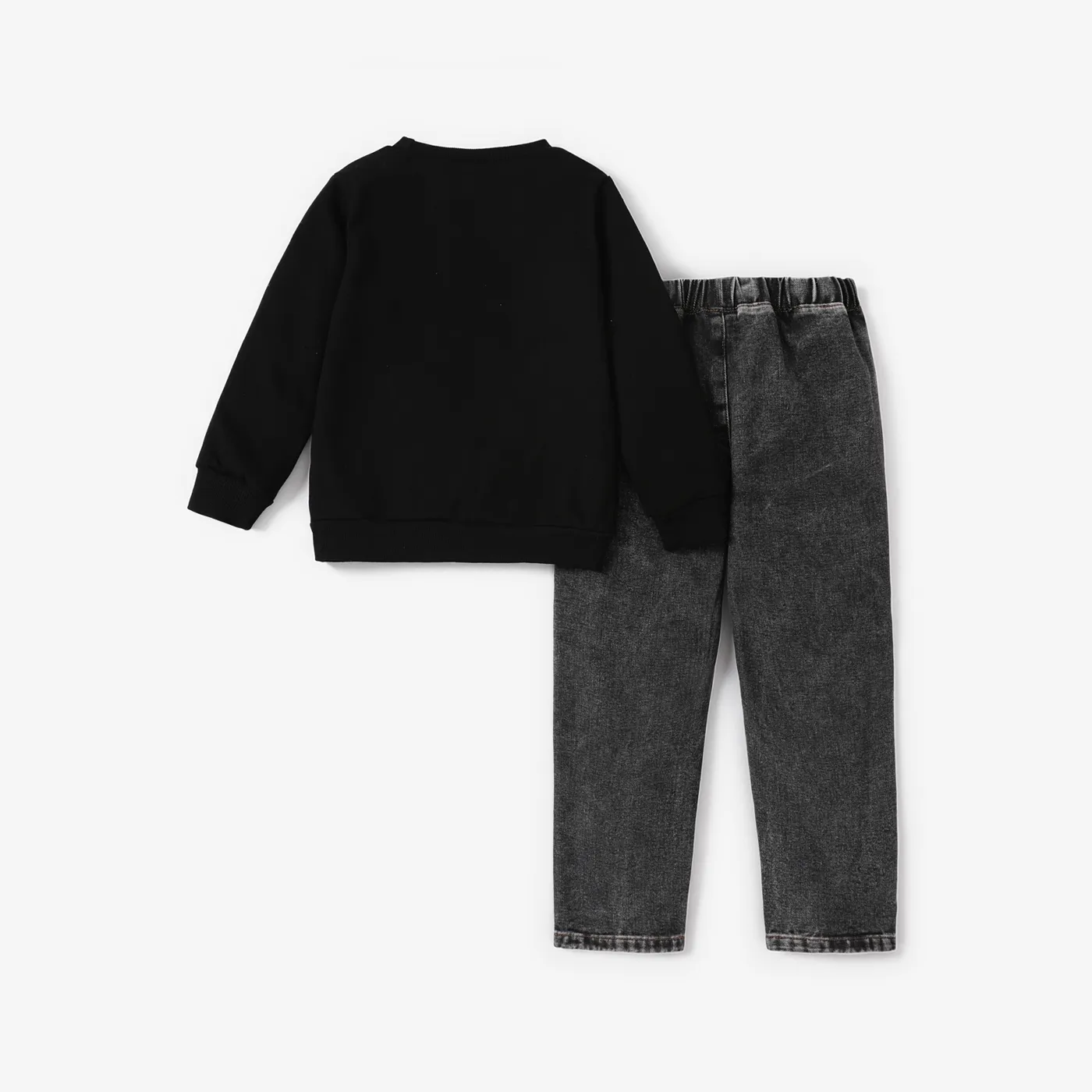 2PCS Kid Boy Thanksgiving Casual Letter Top/ Denim Pant Set
 Black image 4