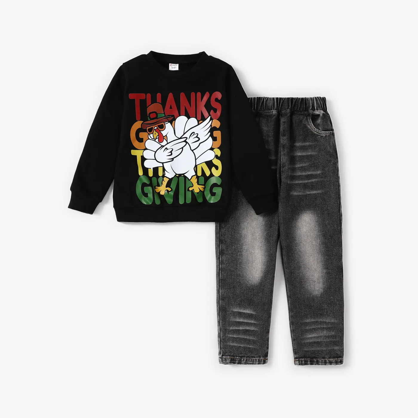 2PCS Kid Boy Thanksgiving Casual Letter Top/ Denim Pant Set
