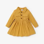 Baby Girl 100% Cotton Solid Long-sleeve Button Dress Yellow