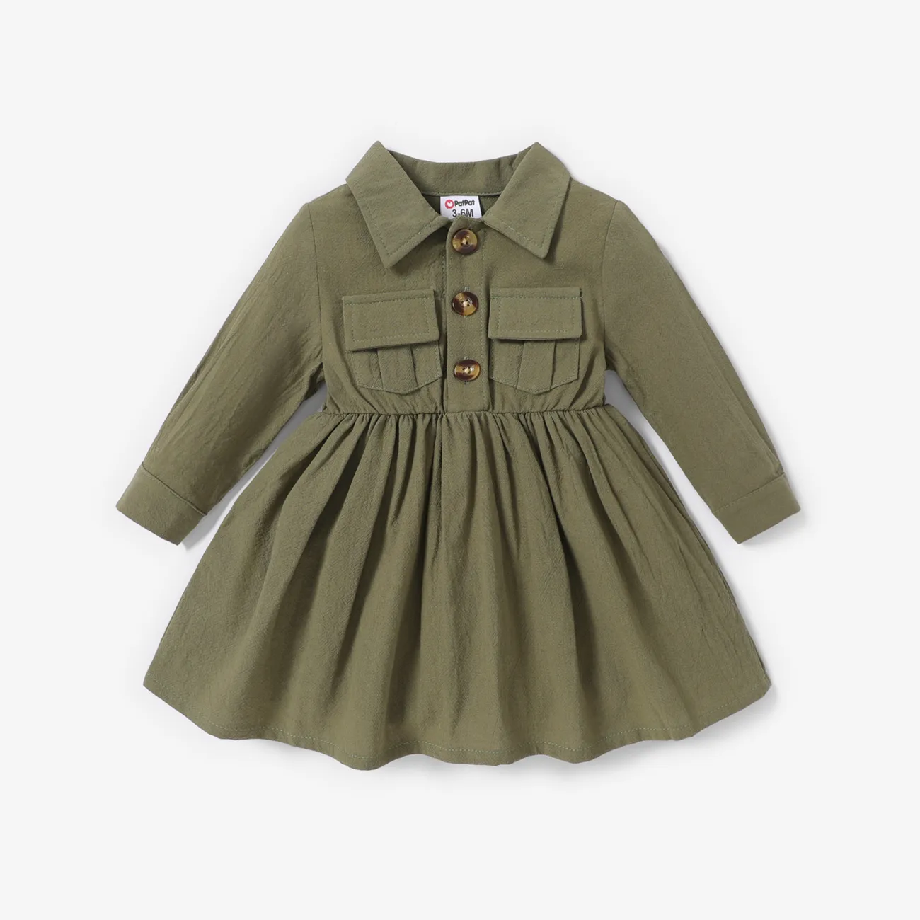 Baby Girl 100% Cotton Solid Long-sleeve Button Dress Green big image 1
