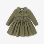 Baby Girl 100% Cotton Solid Long-sleeve Button Dress Green