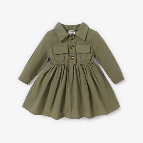 Baby Girl 100% Cotton Solid Long-sleeve Button Dress