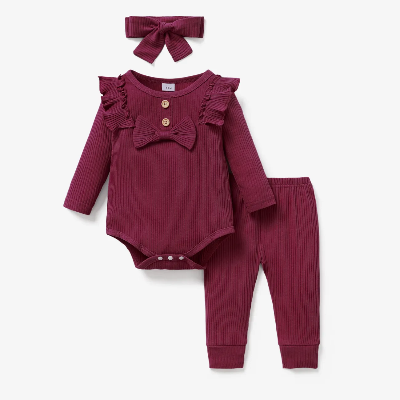3pcs Baby Girl 95% Cotton Ribbed Long-sleeve Ruffle Bowknot Romper and Pants with Headband Set Burgundy big image 1