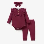 3pcs Baby Girl 95% Cotton Ribbed Long-sleeve Ruffle Bowknot Romper and Pants with Headband Set Burgundy