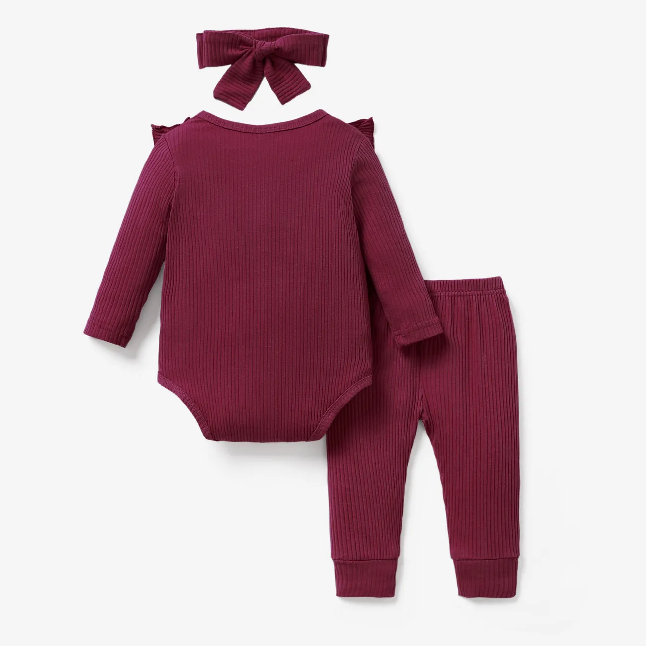 3pcs Baby Girl 95% Cotton Ribbed Long-sleeve Ruffle Bowknot Romper and Pants with Headband Set Burgundy big image 1