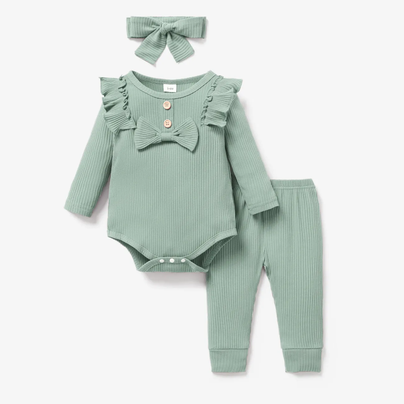 3pcs Baby Girl 95% Cotton Ribbed Long-sleeve Ruffle Bowknot Romper and Pants with Headband Set Light Green big image 1