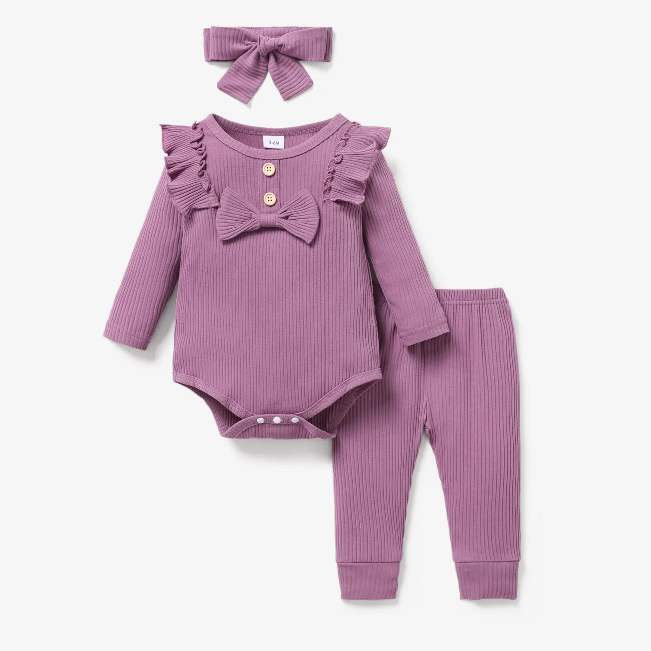 3pcs Baby Girl 95% Cotton Ribbed Long-sleeve Ruffle Bowknot Romper and Pants with Headband Set Purple big image 1