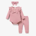 3pcs Baby Girl 95% Cotton Ribbed Long-sleeve Ruffle Bowknot Romper and Pants with Headband Set Pink