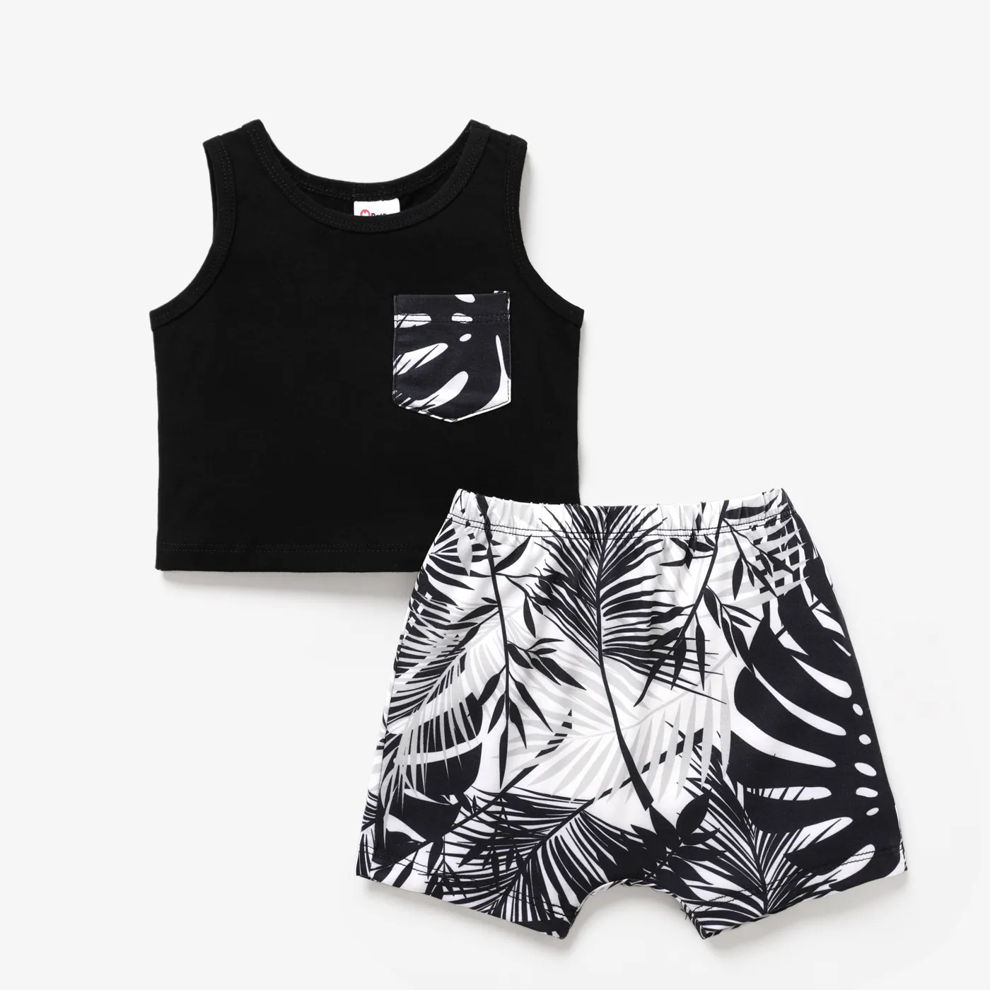 2pcs Baby Boy Cotton Tank Top and Allover Tropical Plant Print Naia™ Shorts Set