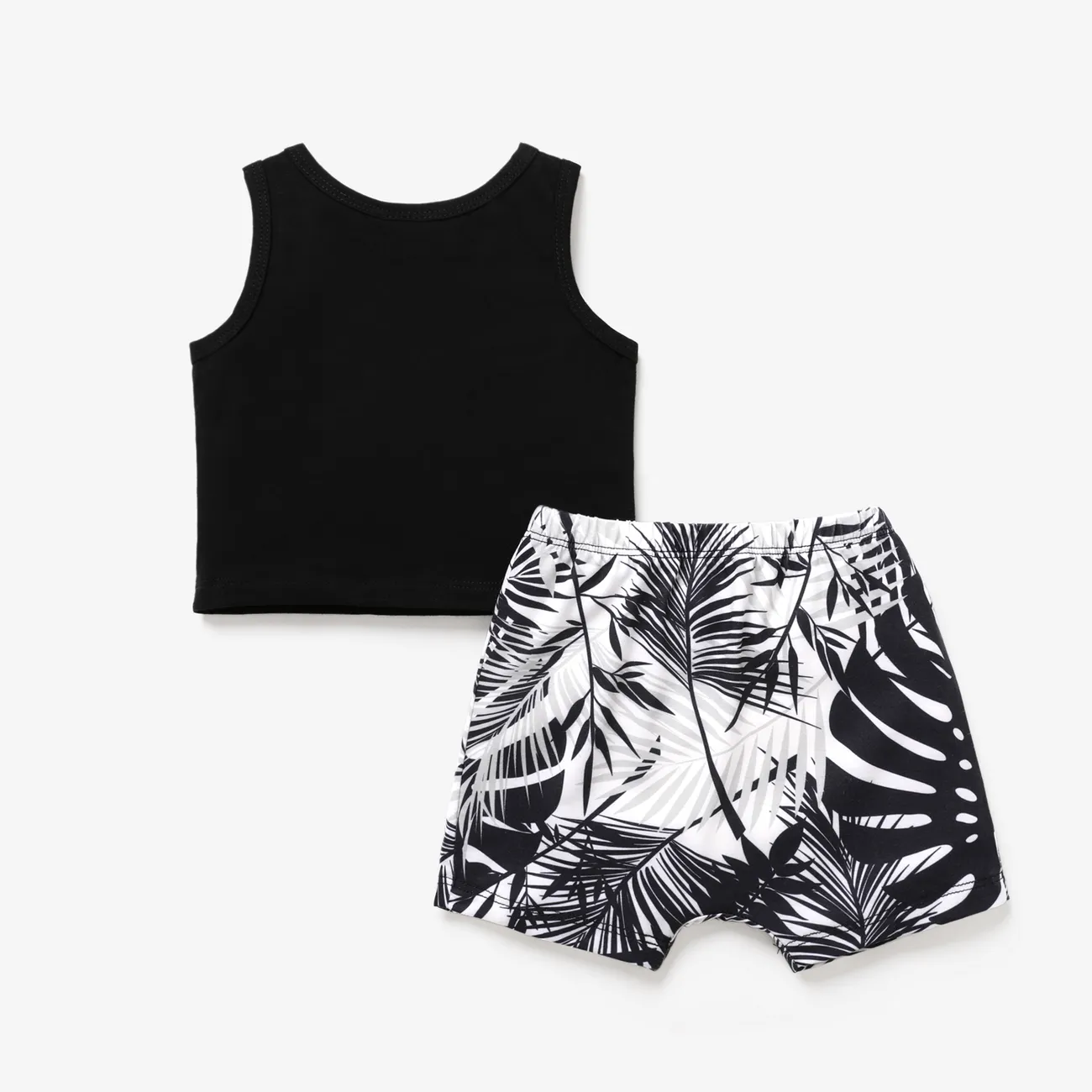 2pcs Baby Boy Cotton Tank Top and Allover Tropical Plant Print Naia™ Shorts Set BlackandWhite big image 1