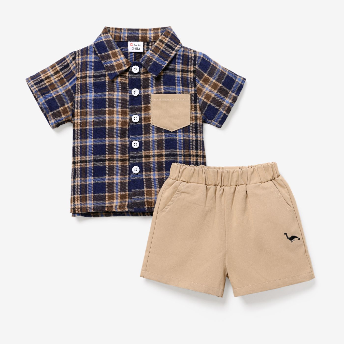 

2pcs Baby Boy Patch Pocket Plaid Shirt and 100% Cotton Dinosaur Graphic Shorts Set