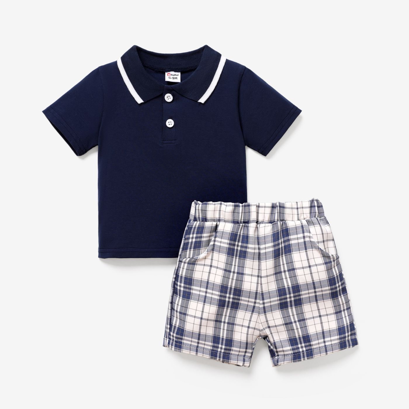 

2pcs Baby Boy 95% Cotton Short-sleeve Polo Neck Tee and Plaid Shorts Set