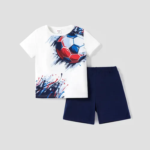 2pcs Kid Boy Balls Print Short-sleeve Tee and Dark Blue Shorts Set