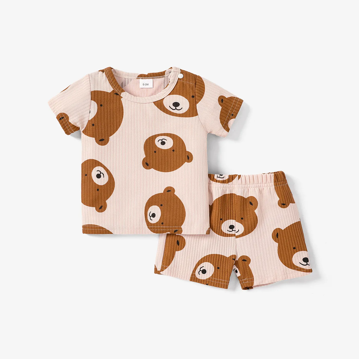 2pcs Baby Boy/Girl Ribbed Short-sleeve All Over Cartoon Bear Print Top and Shorts Set