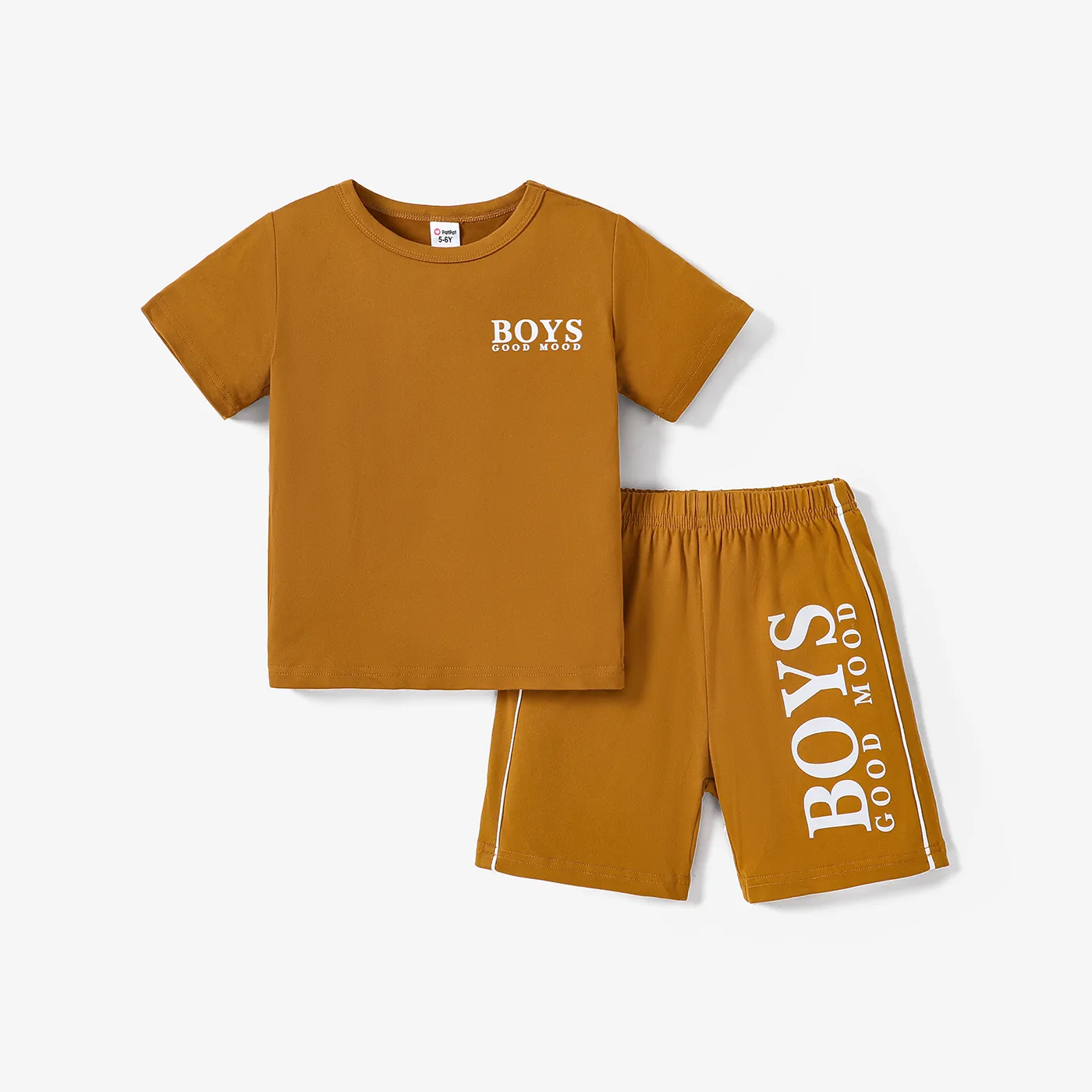 2pcs Kid Boy Letter Print Short-sleeve Tee and Elasticized Shorts Set Brown