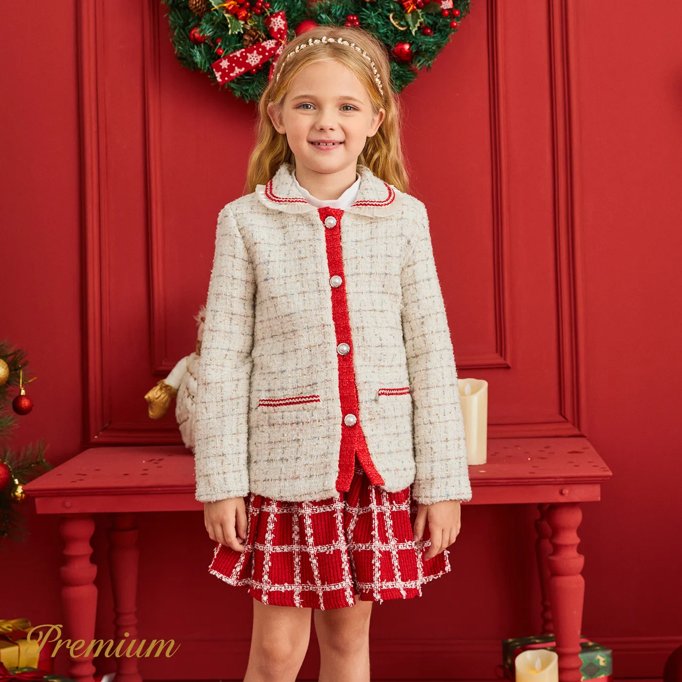 Toddler Girl Elegant Grid Long Sleeve Coat Beige image 3