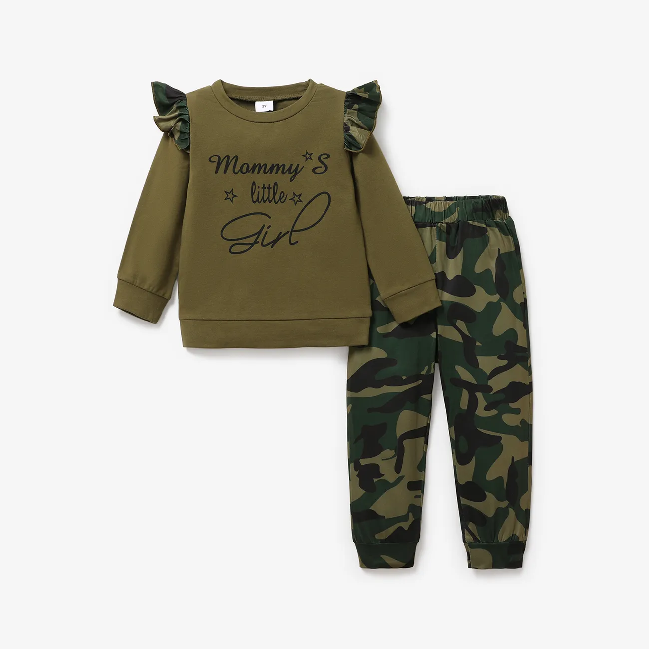 2-piece Toddler Girl Ruffle Letter Print Long-sleeve Tee and Camouflage Print Pants Set Army green big image 1