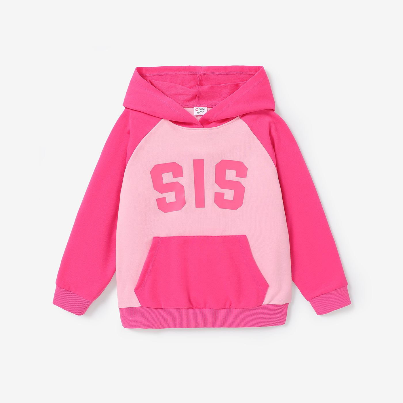 Kid Girl Colorblock Letter Pirnt Hot Pink Hooded Sweatshirt With Pocket