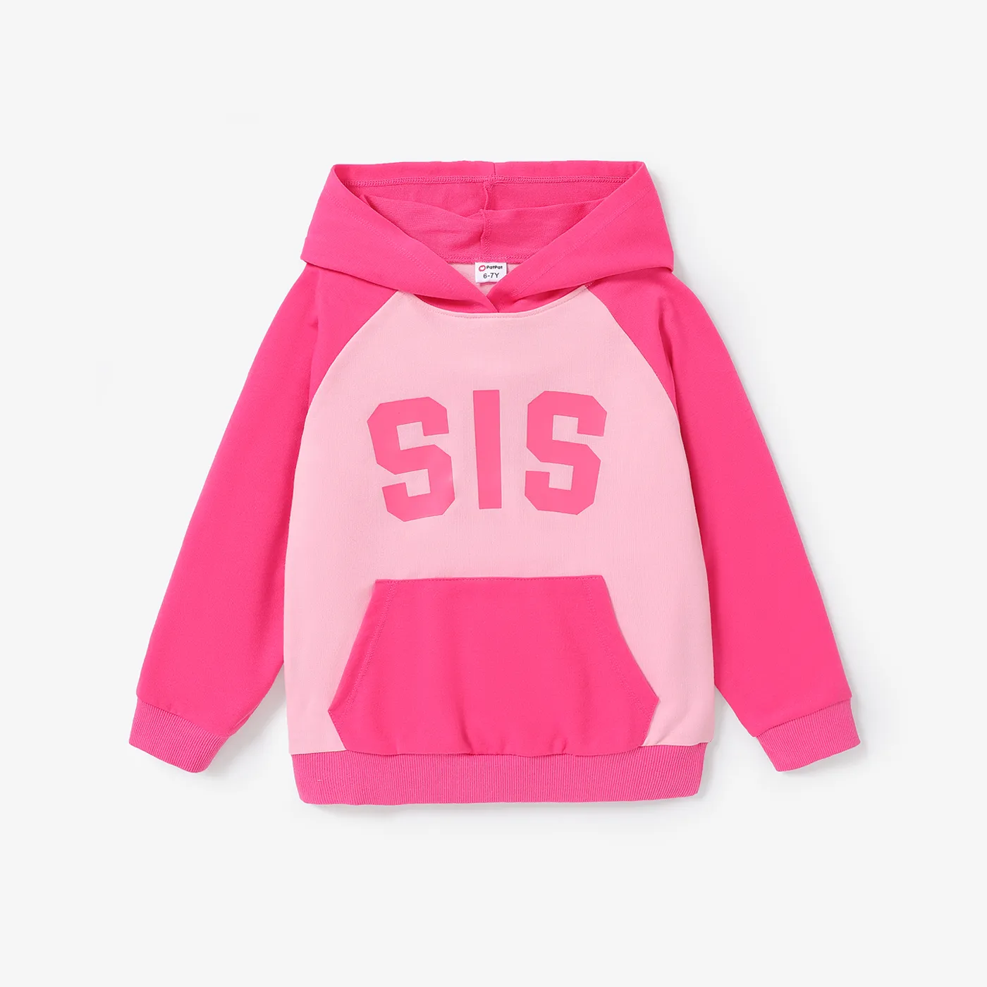 Kid Girl Colorblock Letter pirnt Hot Pink Hooded Sweatshirt with Pocket
 Dark -Pink big image 1