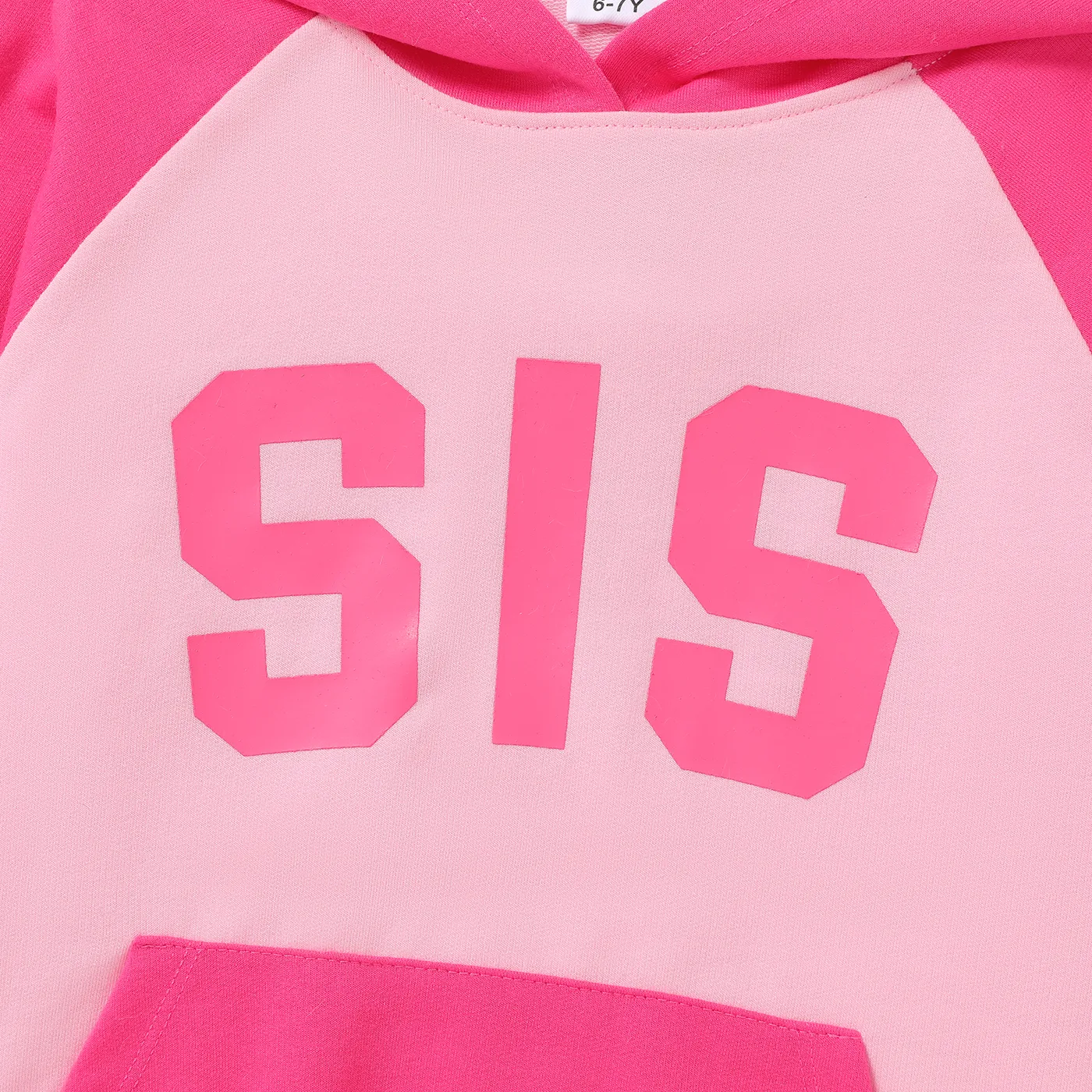 Kid Girl Colorblock Letter pirnt Hot Pink Hooded Sweatshirt with Pocket
 Dark -Pink image 3